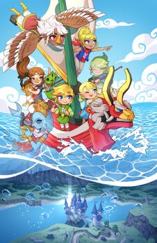 2boys 5girls absurdres air_bubble aryll belt blonde_hair blue_eyes blue_sky brown_hair bubble castle caustics cloud european_architecture fado_(wind_waker) flying green_headwear green_tunic harp highres instrument kai_texel komali korok laruto link long_hair makar medli multiple_boys multiple_girls nintendo one_eye_closed open_mouth outdoors pointing pointy_ears ponytail ship short_hair sky teeth tetra the_king_of_red_lions the_legend_of_zelda the_legend_of_zelda:_the_wind_waker toon_link tunic upper_teeth_only water watercraft white_hair wind_waker_(object) wings zora