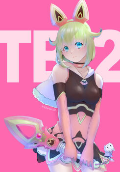 1girl animal_charm animal_ear_hairband animal_ears aqua_eyes bare_shoulders blush breasts capelet charm_(object) closed_mouth commentary_request cowboy_shot eyelashes fake_animal_ears green_hair hairband highres holding holding_wand lara_tchaikoskaya medium_hair naruco70 pink_background signature simple_background smile solo tiger_&amp;_bunny wand white_capelet