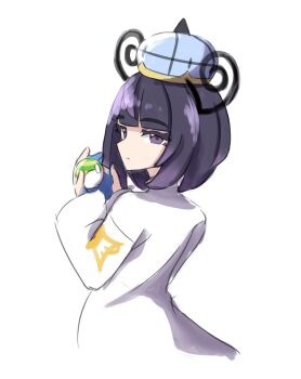 1girl absurdres blue_gloves blunt_bangs bob_cut coat commentary_request eyelashes from_behind gloves gwynn_(pokemon) hat highres holding holding_poke_ball long_sleeves looking_at_viewer looking_back magnemite10718 nest_ball nintendo partially_fingerless_gloves poke_ball pokemon pokemon_legends:_z-a purple_eyes purple_hair short_hair solo white_background white_coat