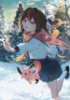 Rule 34 | 1girl, :d, azki (hololive), black hair, black shoes, blue sailor collar, blue skirt, blurry, blurry foreground, braid, buttons, colored inner hair, commentary request, cosplay, day, double-breasted, double-parted bangs, hair intakes, hair ornament, hairclip, half up half down braid, high-waist skirt, highres, hololive, kazama iroha, kazama iroha (cosplay), kazama iroha (school uniform), long hair, long sleeves, miniskirt, multicolored hair, open mouth, outdoors, outstretched arms, pink hair, pink scarf, pioneer (azki), pleated skirt, puffy long sleeves, puffy sleeves, purple eyes, ryuya, sailor collar, scarf, school uniform, serafuku, shirt, shoes, skirt, smile, snow, socks, solo, streaked hair, tripping, very long hair, virtual youtuber, white hair, white shirt, white socks