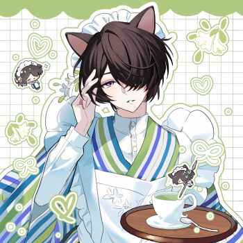 Rule 34 | 1boy, animal ears, black hair, blue kimono, boys be maid!, cat boy, cat ears, chibi, chibi inset, chinese commentary, commentary request, cup, green kimono, grey eyes, grid background, hair over one eye, hand in own hair, hand up, heart, highres, himeutsugi rei, holding, holding tray, japanese clothes, kimono, long sleeves, male focus, matcha (food), multicolored kimono, one eye covered, shirt, shirt under kimono, short hair, simple background, solo, striped clothes, striped kimono, teacup, teaspoon, tray, tupikeee, upper body, white background, white kimono, white shirt