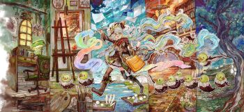 1girl absurdres banker's_lamp bird black_boots black_thighhighs boots brown_dress camomi camomi_camomi chair commentary_request desk desk_lamp dress easel full_body highres holding holding_paintbrush indie_virtual_youtuber indoors lamp long_hair long_sleeves looking_at_viewer multicolored_hair open_mouth paint_palette paintbrush rainbow_gradient self-portrait smile solo streaked_hair table thighhighs tree twintails very_long_hair virtual_youtuber walking white_hair