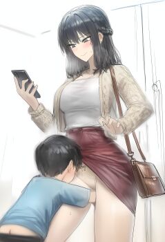 1boy 1girl absurdres age_difference ass black_hair blush breasts clothed_sex groping heart highres holding holding_phone huge_breasts leg_grab long_hair open_mouth original phone short_hair shota size_difference