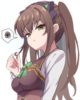 1girl alternate_hairstyle animal_ear_hairband animal_ears bow breasts brown_hair cat_ear_hairband cat_ears commentary duvalie eiyuu_densetsu english_commentary fake_animal_ears green_bow green_eyes hairband hajimari_no_kiseki highres looking_at_viewer medium_breasts naisu_(nai_su01) pout simple_background solo spoken_squiggle squiggle twirling_hair white_background