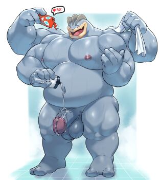 1boy bara belly commentary completely_nude dogoronumber3 english_commentary fangs fat fat_man gen_1_pokemon gen_4_pokemon highres holding holding_towel lube machamp male_focus muscular muscular_male navel nintendo nipples nude open_mouth penis pokemon pokemon_(creature) rotom rotom_phone smile speech_bubble testicles towel
