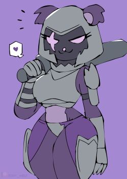 1girl :3 absurdres animal_ears armor bear_ears bear_girl bodysuit breasts epic_games fortnite gloves grey_armor grey_gloves grey_helmet heart helmet highres holding holding_sword holding_weapon large_breasts looking_at_viewer over_shoulder purple_background purple_bodysuit purple_eyes raven_team_leader scar scar_across_eye scar_on_face sketch smile speech_bubble spoken_heart standing sword sword_over_shoulder thick_thighs thighs tony_welt weapon weapon_over_shoulder wide_hips
