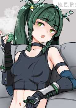 1girl arm_guards bare_shoulders black_gloves black_sports_bra braid breasts choker commentary_request cup elbow_gloves gloves green_eyes green_hair hair_ornament hair_ribbon highres long_hair looking_at_viewer navel nosuku open_mouth qingyi_(zenless_zone_zero) revision ribbon sidelocks small_breasts solo sports_bra twin_braids twintails zenless_zone_zero
