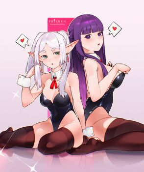 2girls :o artist_name black_leotard black_thighhighs blunt_bangs blush breasts cesar_art456 copyright_name detached_collar earrings elf fern_(sousou_no_frieren) frieren from_side green_eyes grey_hair heart highleg highleg_leotard highres jewelry large_breasts leotard long_hair long_pointy_ears looking_at_viewer medium_breasts multiple_girls neck_ribbon no_shoes parted_bangs parted_lips pink_background playboy_bunny pointy_ears purple_eyes purple_hair red_ribbon ribbon seiza shiny_clothes short_eyebrows sitting sousou_no_frieren sparkle spoken_heart strapless strapless_leotard thick_eyebrows thighhighs twintails very_long_hair white_wrist_cuffs wrist_cuffs yokozuwari