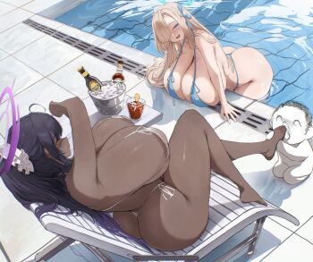 2girls alcohol alternate_breast_size_(larger) alternate_costume ass asuna_(blue_archive) bare_shoulders bikini black_hair blonde_hair blue_archive blue_bikini blue_eyes blue_halo blue_ribbon blush breast_rest breasts champagne cleavage cup curvy dark-skinned_female dark_skin drink drinking_glass gigantic_breasts hair_over_one_eye halo highres hth5k huge_ass ice_bucket karin_(blue_archive) licking licking_foot long_hair micro_bikini multiple_girls partially_submerged ponytail pool poolside purple_halo ribbon scrunchie sensei_(blue_archive) sideboob sitting smile string_bikini swimsuit thick_thighs thighs thong thong_bikini very_long_hair water white_bikini white_scrunchie wide_hips yellow_eyes