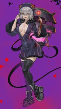 1girl :d black_thighhighs blood blood_on_arm blood_on_clothes blood_stain breasts center_opening cleavage coat command_&amp;_conquer command_&amp;_conquer:_red_alert command_&amp;_conquer:_red_alert_2 dress fur-trimmed_coat fur_trim highres hood hood_up horned_hood horns libra_(mental_omega) long_sleeves machine machinery mechanical_tail medium_breasts mental_omega_(mod) no_bra open_clothes open_dress open_mouth pale_skin purple_background red_eyes resh_vav_yod_symbol rewinderon short_hair smile solo standing standing_on_one_leg swept_bangs tail thighhighs thighs white_hair wide_sleeves zipper