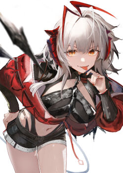 1girl absurdres ahoge antennae arknights black_shorts commentary ema_(kuguiema) grey_hair highres jacket long_hair looking_at_viewer navel purple_eyes red_jacket shorts simple_background solo tail tongue tongue_out w_(arknights) white_background wis'adel_(arknights)