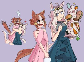 2girls ahoge alternate_costume animal_ears bag belno_light_(umamusume) blue_dress blue_eyes blush braid bread breasts brown_hair burger carrot cheek_bulge chicken_(food) chicken_leg closed_mouth collarbone crown_braid dress ear_ornament eating eggtempest fish food fork ghost giving_up_the_ghost glutton grey_hair grey_tail hair_between_eyes hair_bun hair_ornament hairband handbag heart holding holding_bag holding_fork holding_plate horse_ears horse_girl horse_tail hug long_hair multicolored_hair multiple_girls oguri_cap_(umamusume) onigiri open_mouth pink_dress pizza plate rice sandwich see-through_cleavage see-through_clothes shoes short_hair shrimp simple_background smile tail teeth two-tone_hair umamusume umamusume:_cinderella_gray upper_teeth_only white_hair