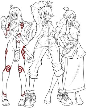 3girls absurdres albino arm_up avatar:_the_last_airbender avatar_legends bodysuit chainsaw_man closed_mouth commentary cross-shaped_pupils crossover deadman_wonderland english_commentary gloves greyscale hand_on_own_hip highres horns jacket katara kekel long_hair monochrome multiple_crossover multiple_girls necktie open_mouth pants patterned_clothing power_(chainsaw_man) power_connection shiro_(deadman_wonderland) shirt shirt_partially_tucked_in shoes smile sneakers symbol-shaped_pupils unfinished v