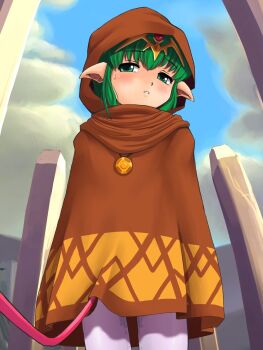 1girl bdsm blush bondage bound cowboy_shot crotch_rope female_focus fire_emblem fire_emblem:_mystery_of_the_emblem fire_emblem:_shadow_dragon green_eyes green_hair highres hood loli matching_hair/eyes nintendo outdoors pointy_ears ponytail rope solo stupa13a sweat thighhighs tiki_(fire_emblem) tiki_(young)_(fire_emblem)