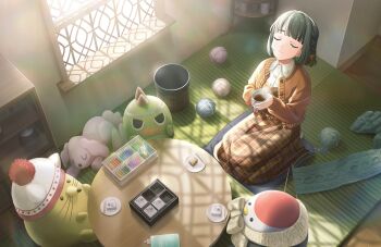 1girl blunt_bangs blunt_ends bob_cut braid brown_cardigan cardigan closed_eyes closed_mouth coffee coffee_mug collared_shirt cup day from_above full_body game_cg gonzales_(love_live!) green_hair green_scarf highres holding holding_cup indoors knit_scarf lace-trimmed_shirt_collar link!_like!_love_live! long_skirt love_live! momose_ginko mug no_shoes non-web_source official_art open_cardigan open_clothes plaid_clothes plaid_skirt scarf seiza shirt short_hair side_braids sitting skirt smile solo split_mouth stuffed_animal stuffed_dog stuffed_toy tea_party tsuru_(love_live!) u_u virtual_youtuber white_shirt window window_shadow yarn yarn_ball yellow_scarf