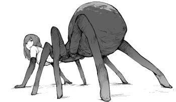 1girl all_fours arachne arthropod_girl arthropod_limbs ass bare_shoulders bear_position breasts commentary_request elbow_gloves expressionless from_behind from_below gloves insect_girl leaning_forward long_hair looking_at_viewer looking_back medium_breasts monster_girl original simple_background solo spider_girl tank_top taur white_background yumeaso