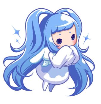 1girl bad_source blue_eyes blue_eyeshadow blue_hair blush chibi doll eyeshadow full_body liuchuan_yuwei long_hair makeup personification roco_kingdom roco_kingdom:world short_bangs short_eyebrows simple_background sleeves_past_fingers sleeves_past_wrists solo sparkle very_long_hair white_background wings xueying_wawa_(roco_kingdom:world)