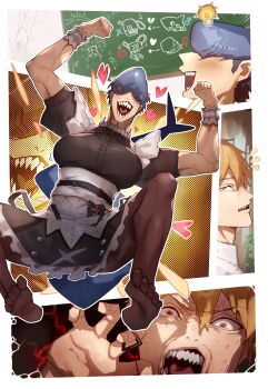 1boy 1girl absurdres alternate_costume beam_(chainsaw_man) blonde_hair breasts chainsaw_man cosplay denji_(chainsaw_man) ellen_joe ellen_joe_(cosplay) enmaided genderswap genderswap_(mtf) heart highres large_breasts maid ripcord shark_girl sharp_teeth shiburingaru surprised teeth zenless_zone_zero