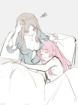 2girls aficksuna bang_dream! bang_dream!_it&#039;s_mygo!!!!! bite_mark bite_mark_on_breast blue_shirt blush brown_hair chihaya_anon chinese_commentary closed_eyes collared_shirt commentary_request cuddling grey_eyes highres long_hair long_sleeves multiple_girls nagasaki_soyo nude open_mouth pink_hair shirt sleeping squiggle under_covers yuri