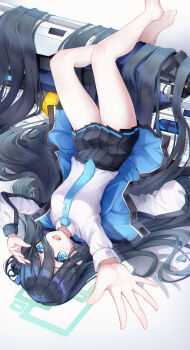 1girl :d absurdly_long_hair absurdres aqua_eyes aqua_halo aris_(blue_archive) bare_legs barefoot black_hair black_hairband black_skirt blue_archive blue_jacket blue_necktie breasts bright_pupils buttoned_cuffs buttons character_name chinese_commentary chromatic_aberration collared_shirt commentary commentary_request double-parted_bangs english_commentary full_body gun hair_between_eyes hair_flowing_over hair_spread_out hairband halo highres jacket long_bangs long_hair long_hair_between_eyes long_sleeves looking_at_viewer lying miniskirt mixed-language_commentary multicolored_jacket necktie norimori on_back one_side_up open_clothes open_jacket open_mouth palms partial_commentary pleated_skirt puffy_long_sleeves puffy_sleeves railgun reaching reaching_towards_viewer rectangular_halo ringed_eyes shirt simple_background skirt small_breasts smile solo teeth tie_clip toes two-sided_fabric two-sided_jacket unzipped upper_teeth_only upside-down very_long_hair weapon white_background white_jacket white_pupils white_shirt zipper