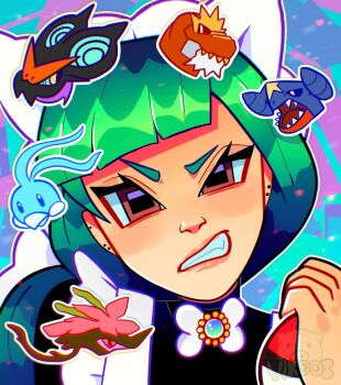 Rule 34 | 1girl, altaria, apron, artist name, bow, bowtie, braid, braided ponytail, brown eyes, commentary, dragalge, earrings, english commentary, garchomp, gen 3 pokemon, gen 4 pokemon, gen 6 pokemon, green hair, highres, holding, holding poke ball, jewelry, lebanne (pokemon), maid, maid apron, maid headdress, mega stone, nintendo, noivern, poke ball, pokemon, pokemon (creature), pokemon legends: z-a, stud earrings, tyrantrum, vikoos, white bow, white bowtie