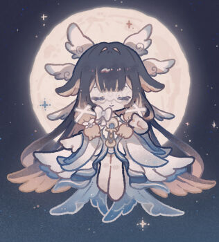 1girl absurdly_long_hair angel_wings black_hair blunt_bangs blunt_tresses blush chibi closed_eyes closed_mouth colored_inner_hair columbina_(genshin_impact) commentary_request dress eye_mask eyelashes eyes_visible_through_eyewear facing_viewer floating full_moon genshin_impact hair_intakes hair_ribbon hair_tubes harukui head_wings levitation long_hair long_sleeves mask moon multicolored_hair multiple_wings night outdoors pink_hair ribbon sky smile solo star_(sky) starry_sky straight-on streaked_hair tress_ribbon very_long_hair white_dress white_ribbon white_sleeves white_wings wide_sleeves wings