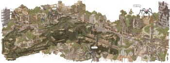 abandoned absurdres arrow_(symbol) building car commentary_request crosswalk dilapidated escalator fur-trimmed_headwear fur_trim hat highres monster motor_vehicle no_humans original overgrown post-apocalypse railroad_tracks red_hat road santa_hat stairs tokyogenso train translation_request tree white_background