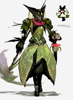 absurdres armor dated grey_background helmet highres holding holding_lantern lantern meowscarada nintendo personification pokemon pokemon_(creature) reference_inset reflection scythe signature sukepmonster