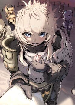 5girls armor blonde_hair blue_eyes gloves goddess_of_victory:_nikke highres holding holding_paper idoll_flower_(nikke) long_sidelocks looking_at_viewer mass-produced_nikke military_uniform multiple_girls open_mouth outdoors paper pinne_(nikke) product_08_(nikke) product_23_(nikke) shoulder_armor sidelocks smile soldier_fa_(nikke) soldier_ow_(nikke) standing thenami