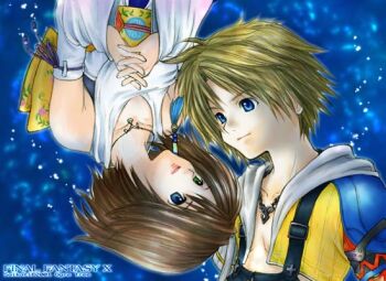 1boy 1girl 2001 artist_name bad_id bare_shoulders blonde_hair blue_eyes brown_hair chain chain_necklace closed_mouth collarbone commentary_request copyright_name detached_sleeves final_fantasy final_fantasy_x gradient_sleeves green_eyes heterochromia interlocked_fingers japanese_clothes jewelry kimono necklace obi obijime parted_lips pink_lips rotational_symmetry saikachi_(ogre_tree) sash short_hair smile tidus white_kimono wide_sleeves yellow_sash yuna_(ff10)