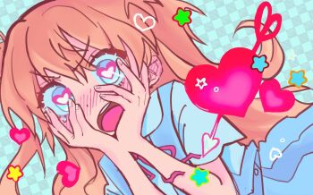 1girl aqua_background arrow_(projectile) blue_eyes blush checkered_background commentary derivative_work heart heart-shaped_pupils heart_arrow highres jizzbian neon_genesis_evangelion orange_hair school_uniform souryuu_asuka_langley star_(symbol) surprised symbol-shaped_pupils twintails v-shaped_eyebrows