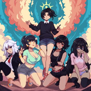 5girls animated animated_gif artist_self-insert black_eyes black_hair black_thighhighs bouncing_breasts breasts cleavage crop_top fingerless_gloves floating glasses gloves highres kana_fujisawa kari_kozhevnikova large_breasts long_hair looking_at_viewer midriff multiple_girls navel netsu_kazegawa no_pants panties pixel_art ponytail red_eyes sandals satomi_(yumyverse) shirt short_hair shorts sweater t-shirt thighhighs underwear very_long_hair yumykon yumyverse