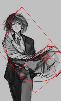 1girl absurdres aiko_(shadow_slave) black_coat black_hair black_necktie bob_cut coat collared_shirt cowboy_shot golden_spiral highres holding holding_paper light_frown logicsterrr looking_at_viewer necktie paper shadow_slave shirt short_hair solo too_many_papers white_shirt