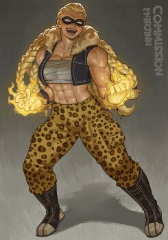 1girl abs absurdres animal_print artist_name bare_shoulders black_boots black_jacket black_mask black_scrunchie blonde_hair boots borrowed_character braid breasts cast cleavage collarbone commentary commission cropped_jacket dark-skinned_female dark_skin english_commentary eye_mask fangs fire full_body fur-trimmed_jacket fur_trim gradient_background grey_background hands_up highres jacket leopard_print lips long_hair looking_at_viewer m4rjinn mask medium_breasts midriff multiple_braids muscular muscular_female navel no_pupils nose open_mouth original pants pyrokinesis scrunchie shadow sleeveless sleeveless_jacket solo standing teeth tongue yellow_pants