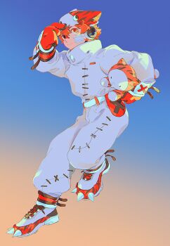 Rule 34 | 1boy, adjusting clothes, adjusting headwear, arm up, asertr, backlighting, belt, blue background, bright pupils, closed mouth, commentary, double-parted bangs, fukase, full body, gauze, gauze on cheek, gloves, gradient background, hair between eyes, helmet, holding, jumpsuit, long sleeves, looking at viewer, male focus, orange background, orange eyes, orange gloves, orange helmet, point (vocaloid), puffy long sleeves, puffy sleeves, ringed eyes, shoelaces, shoes, short hair, simple background, smile, solo, spiked shoes, spikes, standing, standing on one leg, turtleneck, vocaloid, white belt, white jumpsuit, white pupils, white shoes