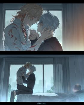 2boys akabane_yu antenna_hair arm_tattoo bedroom black_choker blonde_hair blue_eyes braid chest_tattoo chinese_commentary choker collared_shirt commentary_request facial_tattoo flame_reaver_of_the_deepest_dark from_side gradient_hair hands_on_another&#039;s_face highres holding_hands honkai:_star_rail honkai_(series) kiss male_focus medium_hair multicolored_hair multiple_boys mydei_(honkai:_star_rail) neck_tattoo phainon_(honkai:_star_rail) profile rain red_hair red_tattoo scar scar_on_face see-through_clothes see-through_shirt shirt short_hair shoulder_tattoo side_braid sitting sitting_on_lap sitting_on_person tattoo wet wet_clothes wet_hair wet_shirt white_hair white_shirt window yaoi yellow_eyes