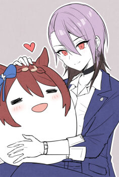 2girls :d =_= animal_ears black_choker blue_bow blue_jacket blue_pants blush bow braid brown_hair choker closed_eyes closed_mouth collared_shirt dress_shirt formal_clothes grey_background hair_between_eyes hair_bow hand_on_another&#039;s_head heart horse_ears jacket mauve multiple_girls nase_fumino open_clothes open_jacket open_mouth outline pant_suit pants purple_hair red_eyes shirt simple_background smile suit super_creek_(umamusume) umamusume umamusume:_cinderella_gray white_outline white_shirt