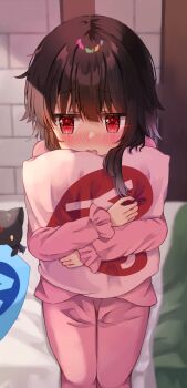 1girl bedroom black_cat blunt_bangs blush brown_hair cat chomusuke commentary cowboy_shot embarrassed eyes_visible_through_hair frilled_sleeves frills hair_between_eyes highres holding holding_pillow hugging_object indoors kono_subarashii_sekai_ni_shukufuku_wo! long_sleeves looking_to_the_side megumin no no_headwear nose_blush on_bed open_mouth pajamas pillow pillow_hug pink_pajamas pink_pillow pout raised_eyebrows red_eyes short_hair_with_long_locks sitting solo sparkling_eyes straight-on wavy_mouth yes yes-no_pillow yuno_(suke_yuno)