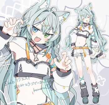 :d ahoge animal_ear_fluff animal_ears bandaid bandaid_on_ear bandaid_on_hip bandaid_on_knee bandaid_on_leg belt black_panties black_socks blue_eyes boots braid breasts cleavage clenched_hand closed_eyes commentary criss-cross_halter crop_top crossed_bangs detached_sleeves double-parted_bangs english_commentary fang foot_belt frilled_shorts frills full_body gaiters green_boots green_eyes green_hair hair_intakes hair_ornament hairclip hairpin halterneck hand_on_own_hip head_tilt heterochromia highleg highleg_panties highres jitome komerina lace-up_boots long_hair loose_hair_strand loose_socks multiple_views navel open_hand open_mouth orange_belt original otaru_tao panties puffy_sleeves shorts sidelocks skinny sleeve_belt small_breasts smile socks standing stomach tail underwear unkempt upper_body virtual_youtuber white_hood white_shorts wolf_ears wolf_tail