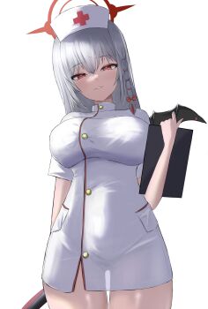 1girl absurdres alternate_costume arm_behind_back blue_archive blush bow braid breasts buttons covered_groin cowboy_shot demon_girl demon_tail demon_wings dress eyelashes grey_hair hair_bow halo hand_up haruna_(blue_archive) hat highres holding holding_notepad impossible_clothes impossible_dress large_breasts liiigang long_hair looking_at_viewer naughty_face notepad nurse nurse_cap parted_lips red_bow red_eyes red_halo short_dress short_sleeves sidelighting simple_background single_braid single_wing smile solo straight_hair tail thigh_gap tsurime white_background white_dress wings