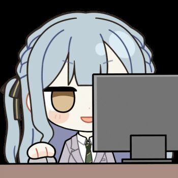 1girl animated animated_gif bang_dream! bang_dream!_it&#039;s_mygo!!!!! black_ribbon blood blood_from_mouth blue_hair blunt_bangs blush_stickers chibi chibi_only chunye_haruya computer_mouse empty_eyes hair_ribbon haneoka_school_uniform long_hair lowres monitor necktie open_mouth ribbon school_uniform shaded_face shirt sidelocks solo table togawa_sakiko transparent_background two_side_up upper_body white_shirt