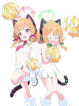 2girls :o absurdres animal_ear_headphones animal_ears arm_up armpits blonde_hair blue_archive blush bow cat_ear_headphones cat_ears cat_tail cheerleader commentary embarrassed fake_animal_ears fake_tail flat_chest green_bow hair_bow hair_ornament halo headphones highres kogooma looking_at_viewer loose_socks midori_(blue_archive) millennium_cheerleader_outfit_(blue_archive) miniskirt momoi_(blue_archive) multiple_girls navel pink_bow pleated_skirt pom_pom_(cheerleading) pom_pom_(clothes) pom_pom_hair_ornament shoes siblings sidelocks simple_background sisters skirt smile socks standing standing_on_one_leg tail tears teeth twins upper_teeth_only white_background white_shoes white_skirt white_socks