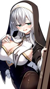 Rule 34 | 1girl, :d, black dress, black pantyhose, black veil, breast curtains, breasts, commentary, covered navel, crossed bangs, darjeeling (reley), double-parted bangs, dress, green eyes, grey hair, guimpe, hair behind ear, hair between eyes, highres, hololive, large breasts, long dress, long hair, long sleeves, looking at viewer, nun, official alternate costume, official alternate hairstyle, open mouth, pantyhose, pelvic curtain, puffy long sleeves, puffy sleeves, shirogane noel, shirogane noel (battle nun), simple background, smile, solo, untranslatable commentary, veil, very long hair, virtual youtuber, white background