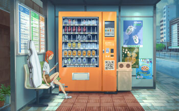 Rule 34 | 1girl, brown shorts, cellphone, commentary, day, from side, full body, guitar case, hand up, highres, holding, holding phone, ideun, instrument case, leg up, looking at phone, medium hair, on bench, orange hair, original, outdoors, phone, poster (object), profile, qr code, scenery, shirt, shoes, short shorts, short sleeves, shorts, sign, sitting, smartphone, sneakers, socks, solo, trash can, urban, vending machine, white shirt, white shoes, white socks