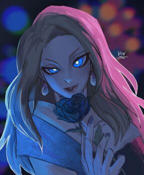 1girl artist_request blonde_hair blue_eyes blue_lock blurry blurry_background flower holding holding_flower holding_rose lips love_alicia rose solo source_request upper_body white_background white_hair