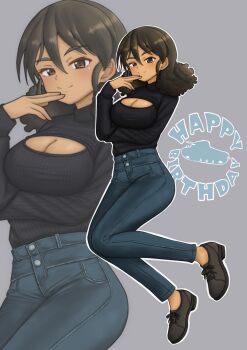 1girl absurdres amanone_yun black_sweater blue_pants blush breasts brown_eyes brown_hair cleavage cleavage_cutout closed_mouth clothing_cutout commentary_request denim full_body girls_und_panzer grey_background highres jeans large_breasts looking_at_viewer pants short_hair simple_background smile solo sweater viridiana_(girls_und_panzer)