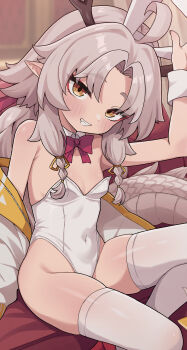 1girl absurdres animal_ear_hairband animal_ears blurry blurry_background bow breasts couch detached_collar dragon_girl dragon_horns dragon_tail fake_animal_ears forehead grey_hair hairband highres horns indoors jacket leotard loli long_hair long_sleeves looking_at_viewer off_shoulder on_couch open_clothes open_jacket original paid_reward_available playboy_bunny pointy_ears rabbit_ears red_bow rokita sitting small_breasts smile solo tail thighhighs white_jacket white_leotard white_thighhighs white_wrist_cuffs wrist_cuffs