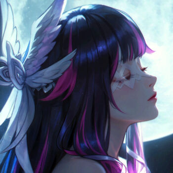 1girl black_hair chinese_commentary closed_eyes closed_mouth columbina_(genshin_impact) commentary_request eye_mask genshin_impact hair_ornament long_hair mask moon multicolored_hair portrait profile purple_hair solo streaked_hair wing_hair_ornament wo_jiushi_kanbudong