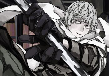 Rule 34 | 1boy, axis powers hetalia, black gloves, coat, floating clothes, gloves, grey coat, hair between eyes, half-closed eyes, hands up, highres, holding, holding lead pipe, indoors, kiguchi05, lead pipe, long sleeves, male focus, open mouth, pale skin, purple eyes, russia (hetalia), scarf, short hair, smile, solo, upper body, white hair, white scarf