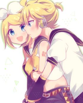 1boy 1girl aoi_choko_(aoichoco) arm_tattoo arms_around_waist bare_shoulders belt blonde_hair blue_eyes blush bow brother_and_sister cheek-to-cheek crop_top detached_sleeves hair_bow hair_ornament hairclip headphones heads_together headset highres hug hug_from_behind kagamine_len kagamine_rin looking_at_another midriff navel number_tattoo open_mouth parted_lips ponytail sailor_collar shirt short_hair short_ponytail shorts siblings sleeveless sleeveless_shirt smile tattoo twins upper_body vocaloid